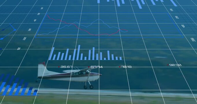 Animation of infographic interface over airplane landing on runway