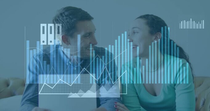 Animation of financial data processing and statistics over caucasian couple