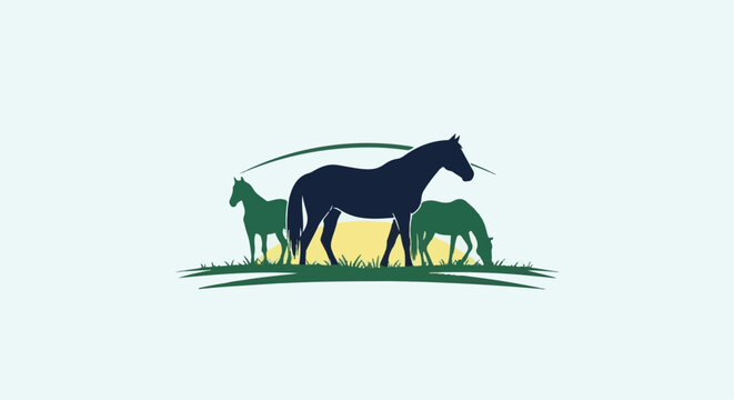 Silhouette of three horses on a grassy field with a yellow sun backdrop