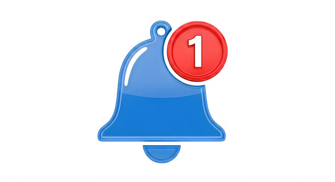 Blue 3D notification bell icon with a red circle showing number 1 graphic design