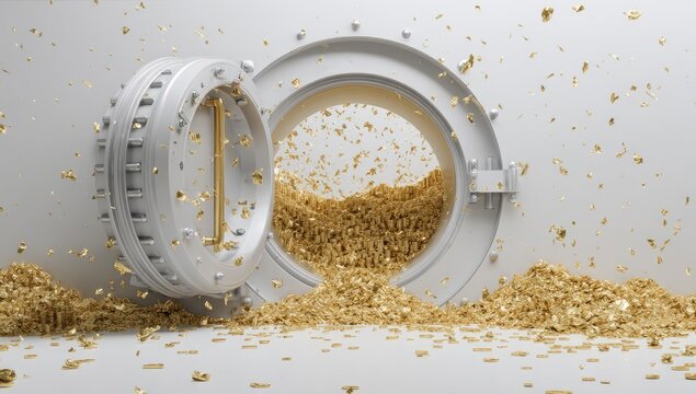 A safe door open, spilling golden nuggets onto a white surface. The gold nuggets cascade out