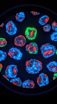 Colorful Fluorescent Microscopic View of Cells in Dark Background