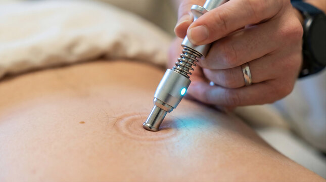 Macro activator tool tip on lower back skin, cyan LED, micro skin ripple, chiropractic instrument