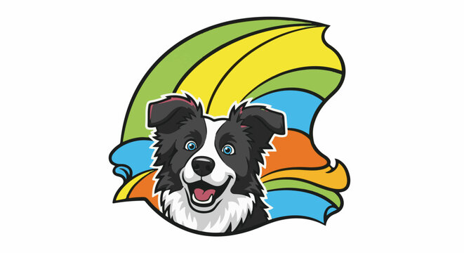 Playful dog face with vibrant, flowing abstract shapes behind it