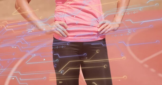Animation of microprocessor connections over caucasian female athlete smiling on the sports track