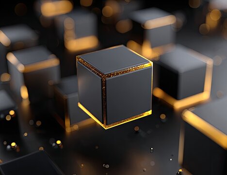 Close-up view of geometric 3D cubes with gold accents, set against blurred, dark backdrop