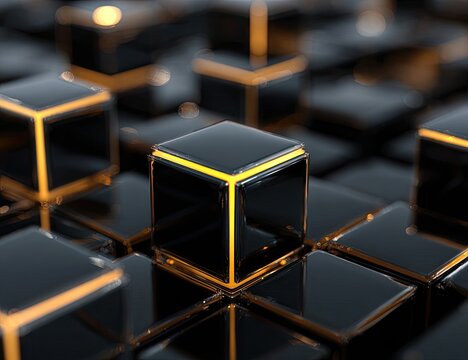 Glossy black cubes, with golden outlines, arranged in a textured 3D pattern