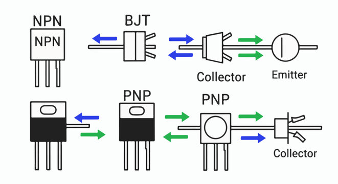 Diagrams illustrating NPN and PNP transistors, showing collector, emitter, and base terminals and current flow