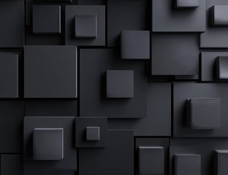 3D-rendered abstract, dark gray wall with layered, square blocks creating a dynamic pattern