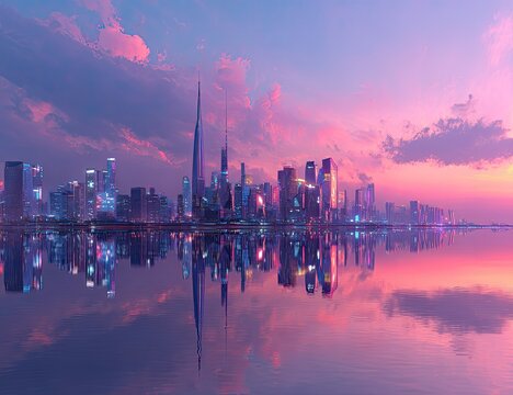 Futuristic city skyline at dawn with vibrant colors reflected in the calm waters below