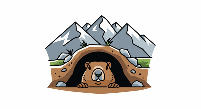 Cute cartoon groundhog peeks from burrow under snowy mountains