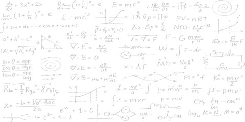 Fototapeta premium A seamless pattern design for education and science features math formulas and musical notes drawn with white line art on an old blackboard texture illustration