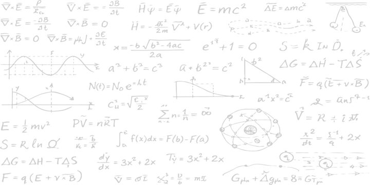 Seamless doodle illustration of mathematical formulas and physics equations sketched on a school blackboard texture for an algebra education design pattern