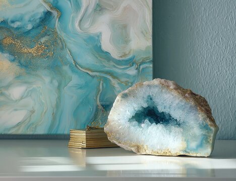 A mineral geode sits by a painting with gold accents, on a white surface, against a pale blue wall