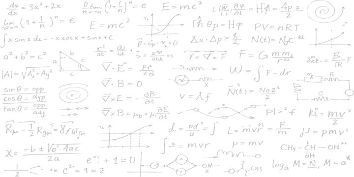 A seamless pattern design for education and science features math formulas and musical notes drawn with white line art on an old blackboard texture illustration