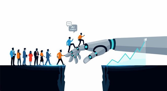 People cross a gap using an AI robot hand, symbolizing progress and support