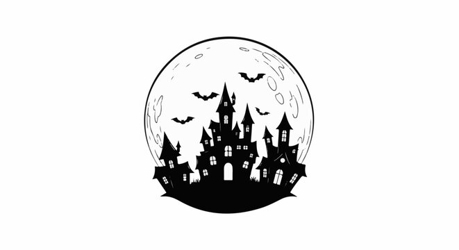 Silhouette of a spooky castle with bats flying in front of a large moon