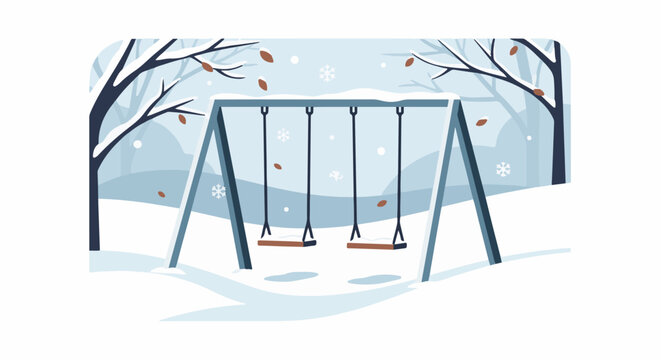 A winter scene with a swing set, snow falling, and bare trees