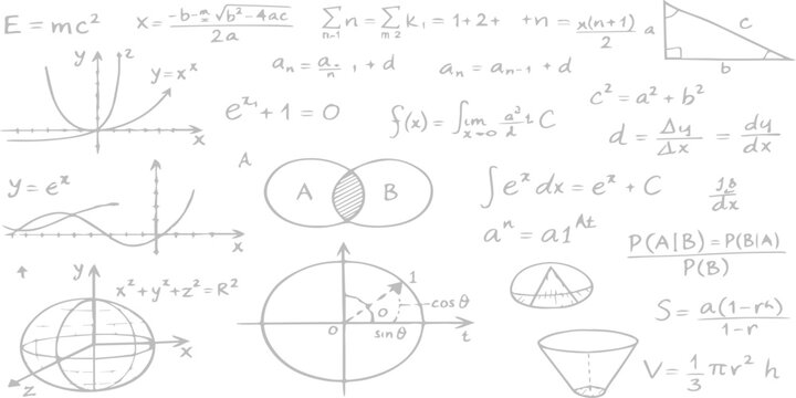 Hand drawn mathematical formulas and physics equations create a seamless doodle pattern on a blackboard texture featuring school algebra sketches and science vector illustration design symbols