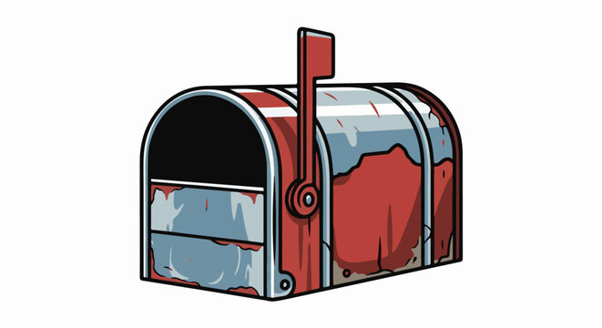 A cartoon illustration of a rustic, red and grey mailbox with signs of wear and tear