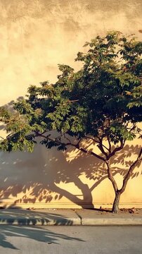 sunlit wall tree shadow time lapse calm transition with moving leaves and golden light, sunlit wall tree shadow time lapse serene natural light shift with soft breeze and evolving shadow patterns