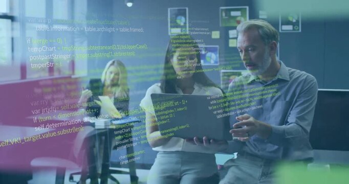 Animation of computer language over diverse coworkers discussing reports on laptop in office