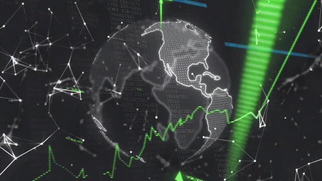 Animation of arrows with data processing over globe and network of connections on black background