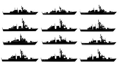 Fototapeta premium Destroyer ship silhouette collection vector naval military vessel set