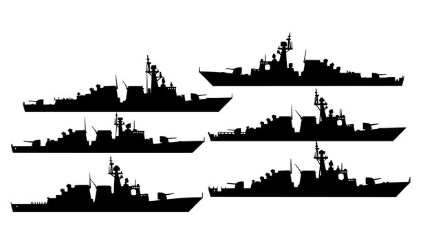 Military destroyer ship silhouettes vector set naval vessel black icons