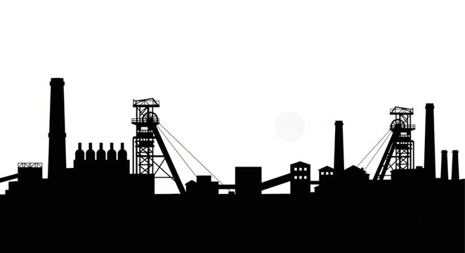 Silhouette of a Coal Mine Landscape with Towers and Structures.