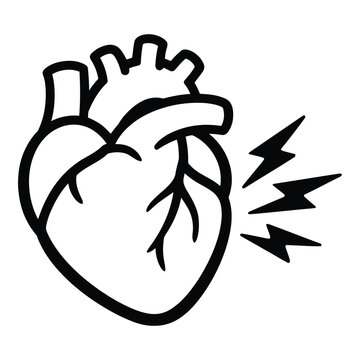 Simple line art icon of a human heart experiencing pain or attack, medical health concept, lightning bolts, chest pain