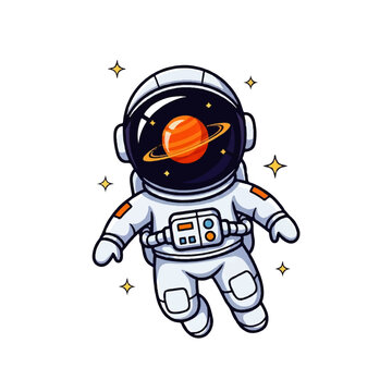 Vector flat design illustration of a cute astronaut floating in space with a planet reflected in the helmet visor