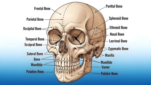 Highly detailed lateral human skull anatomy illustration labeling frontal, parietal, temporal, occipital, sphenoid, ethmoid, zygomatic, maxilla, mandible, nasal and palatine bones with sutures for adv