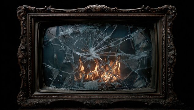 Antique framed television with shattered screen, displaying flickering flames against a black backdrop