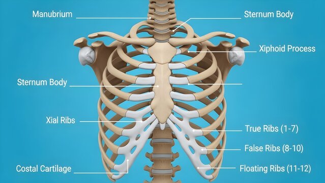 Front view rib cage anatomy illustration highlighting manubrium, sternum body, xiphoid process, true ribs one to seven, false ribs eight to ten, floating ribs eleven to twelve and costal cartilage for