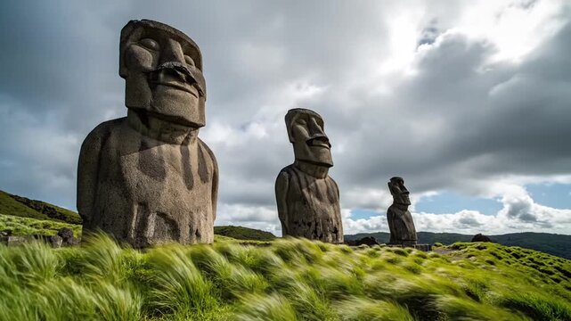 Easter Island Moai Statues in Green Landscape.