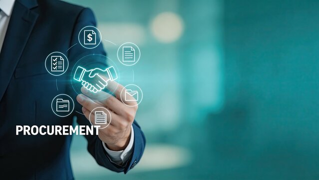 Businessman touching procurement icon on virtual screen digital concept of supply chain management corporate purchasing contract negotiation and strategic sourcing technology
