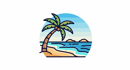 Obraz premium Stylized beach scene with a leaning palm tree, sandy shore, and ocean waves