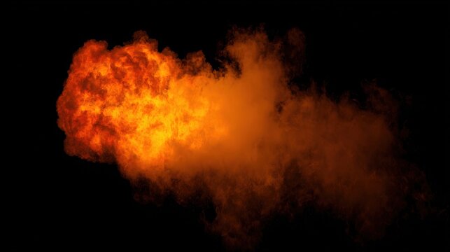 Dramatic isolated fire on dark background with orange-yellow flames and smoke intertwining, atmospheric lighting, energy and warning theme