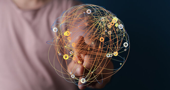 Abstract network of connections, hand interacting with digital sphere, representing communication, technology, and glob
