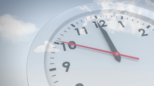 Starting at nine minute sweeping and hour rotating amid drifting clouds marking next hour