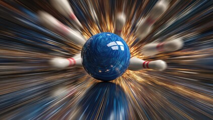 A bowling ball streaks toward pins, creating a dynamic effect of motion & impact, with blurred background