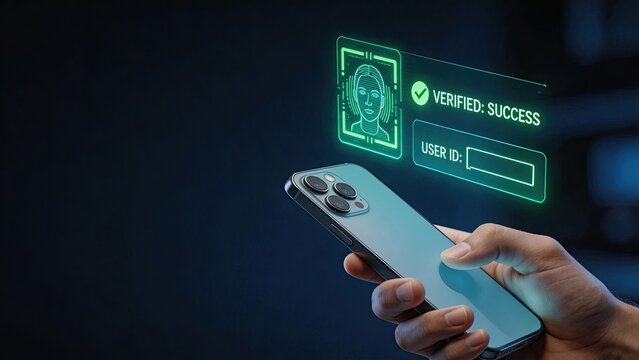 Hand holding smartphone with holographic facial recognition interface verified success message user ID input field biometric security technology futuristic digital authentication