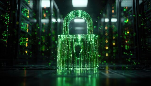 Glowing green lock icon constructed from binary code, data center servers in the background