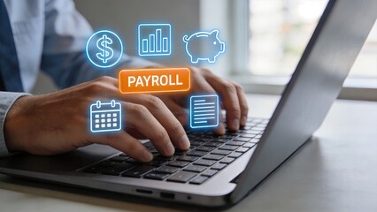 Naklejka premium Businessman using laptop with payroll finance and salary icons digital human resources management accounting and payment processing concept modern office work online banking