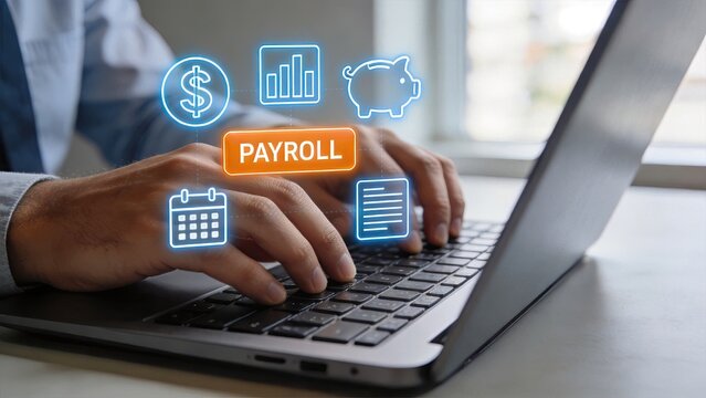 Businessman using laptop with payroll finance and salary icons digital human resources management accounting and payment processing concept modern office work online banking