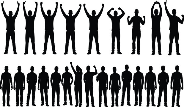 Silhouettes of human figures in diverse standing poses with raised arms, cheering gestures, neutral stances, and expressive posture artwork