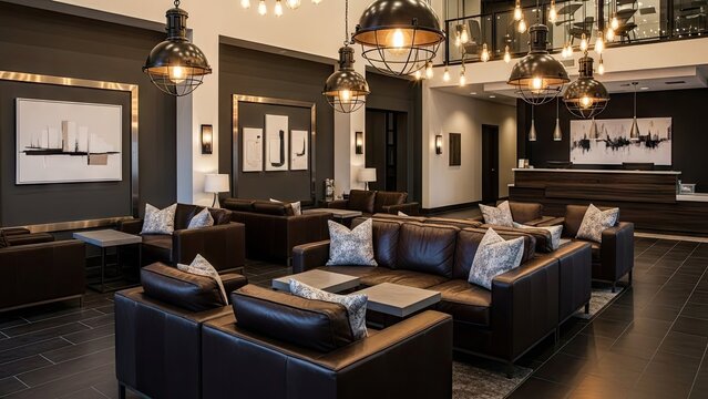 A luxurious modern living room with brown leather furniture and elegant lighting