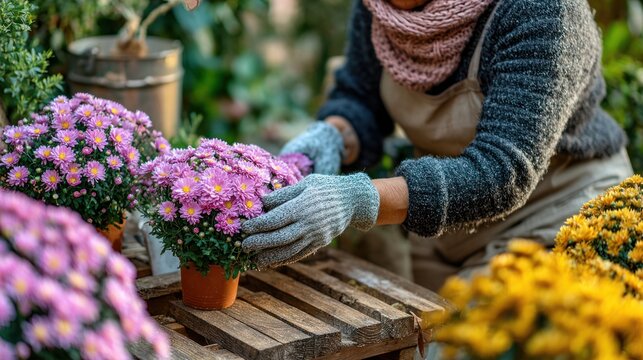 A person tending to their autumn garden, planting mums and preparing for the cooler months.