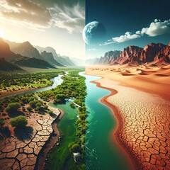 Dos realidades, un mismo planeta. División de escena, mitad seca mitad verde, río vs desierto, mensaje ambiental